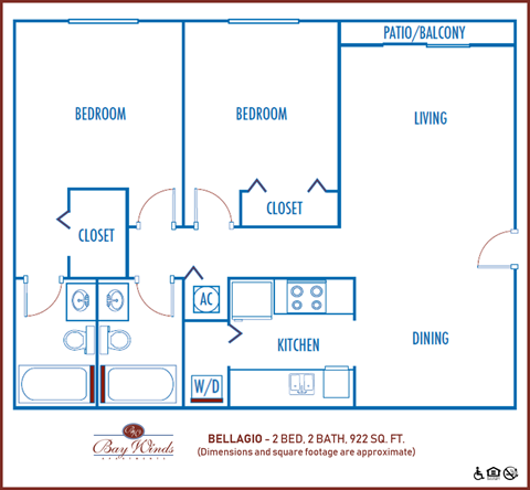 Floor plan for 2 beds, 2 baths, 922 sqft
